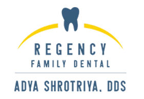 The image displays a logo with text that reads REGENCY FAMILY DENTAL, followed by an address, ADVA SHORT RIVA, and below that, the letters DDS which stand for Doctor of Dental Surgery. There is also a graphic representation of a tooth within a stylized dental crown symbolizing dental care services. The logo has a dark background with light text and graphics, and it appears to be designed for branding purposes.