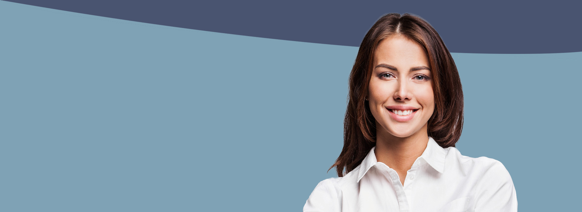 The image shows a woman with a smiling expression, wearing a white shirt and dark pants, against a blue background.